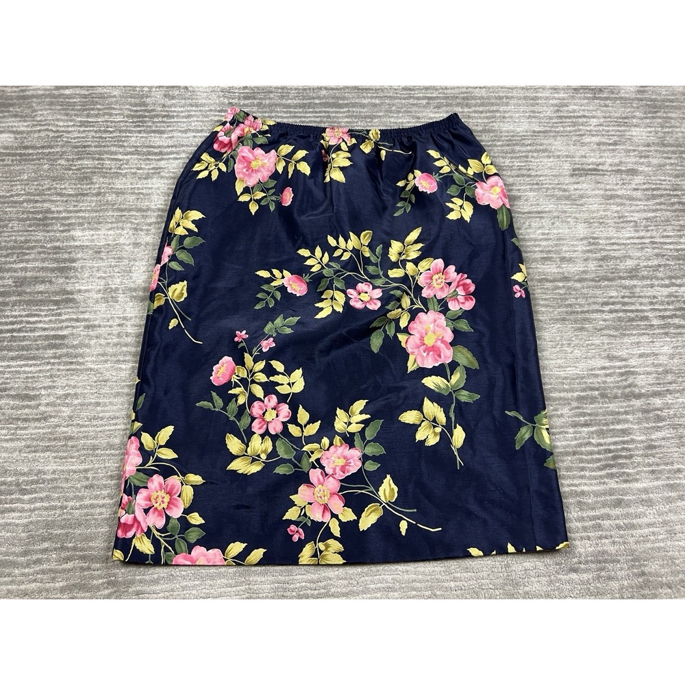 Leslie Fay Skirt Womens 16 Blue Floral Pull On Elastic Waist Polyester